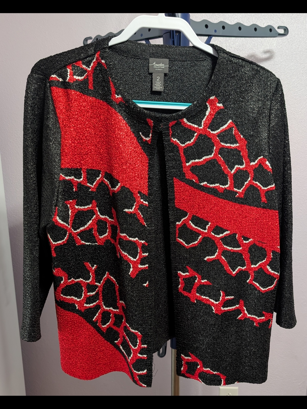 Chico's Black Cardigan with Bold Red Abstract Pattern